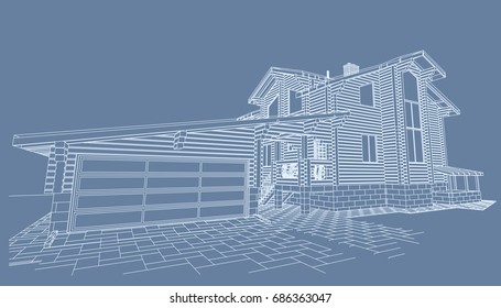 The Author's Architectural Project Of The Wooden Building From Glued Beams, Rafters, Roofs, Terrace, Residential House With Attached Garage, 3d, Perspective, Blueprint. Vector.