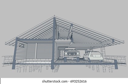 The Author's Architectural Project Of The Wooden Building From Glued Beams, Rafters, Roofs, Garage And A Carport, 3d, Section Of The Facade, Blueprint. Vector.