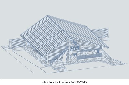 The Author's Architectural Project Of The Wooden Building From Glued Beams, Rafters, Roofs, Garage And A Carport, 3d, Isometric, A View From A Height, Blueprint. Vector.