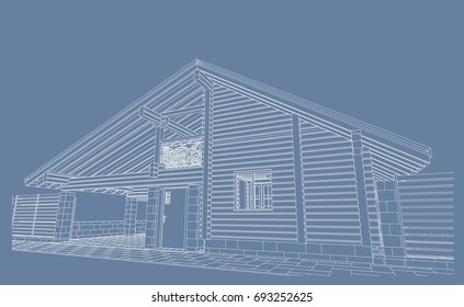 The author's architectural project of the wooden building from glued beams, rafters, roofs, garage and a carport, 3d, perspective view , blueprint. Vector.