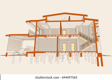 The author's architectural project of the wooden building from glued beams, facades, private individual house, the section of the facade, 3d, perspective,realistic, the blueprint. Vector. 