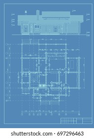The author's architectural project of the wooden building from glued beams, roofs, 3d, the plan and elevation, blueprint. Vector.