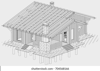 The author's architectural project of the wooden building from glued beams, rafters, roofs, terrace, residential house , 3d, isometric, a view from a height, blueprint. Vector.