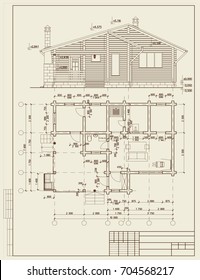 The author's architectural project of the wooden building from glued beams, roofs, 3d, the plan and elevation, blueprint. Vector.