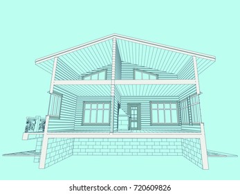 The author's architectural project of the wooden building from glued beams, roofs, terrace, residential house. 3d isometric, a view from a height. blueprint Vector.