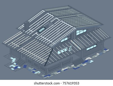 The author's architectural project of the wooden building from glued beams, roofs, rafters, terrace, residential house , 3d, isometric, a view from a height, blueprint. Vector.