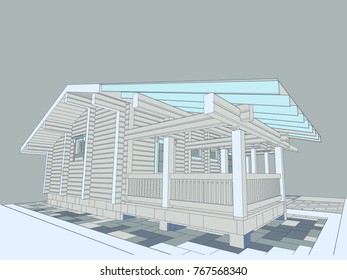The author's architectural project of the wooden building from glued beams, roofs, terrace, bath, residential house , 3d, perspective, blueprint. Vector.