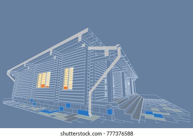 The author's architectural project of the wooden building from glued beams, roofs, terrace, residential house , 3d, perspective, blueprint. Vector.