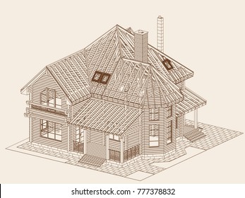 The author's architectural project of the wooden building from glued beams, roofs, terrace, residential house , 3d, perspective, blueprint. Vector.