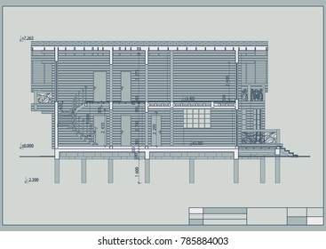 The author's architectural project of the wooden building from glued beams, roofs, terrace, residential house , 3d, section, blueprint. Vector.
