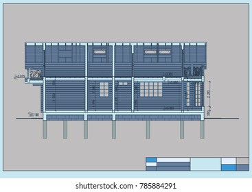 The author's architectural project of the wooden building from glued beams, roofs, terrace, residential house , 3d, section, blueprint. Vector.