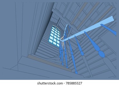 The author's architectural project of the wooden building from glued beams, roofs, stair, residential house , 3d, perspective, blueprint. Vector.