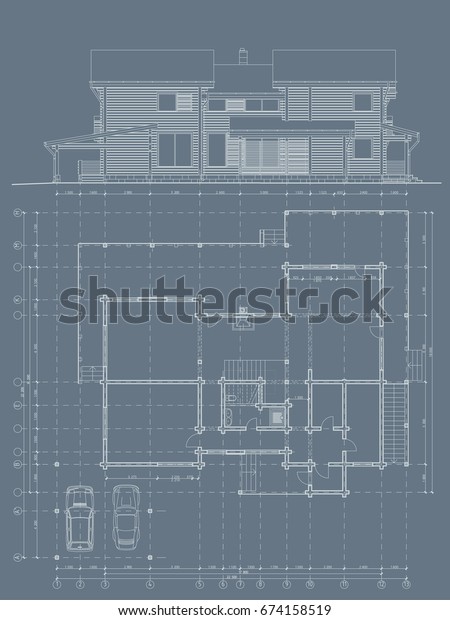 The author's architectural project of the wooden
building from glued beams, plane, facade, private individual house,
terrace with barbecue, covered parking for cars, the blueprint.
Vector.
