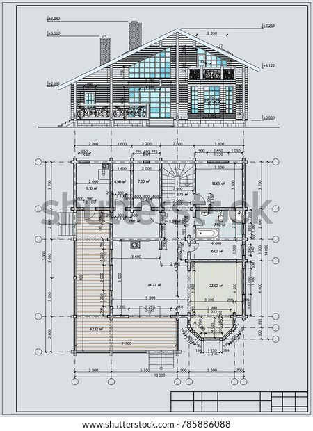 The author\'s\
architectural project of the wooden building from glued beams,\
roofs, terrace, residential house, plan and elevations, 3d,\
perspective, blueprint.\
Vector.