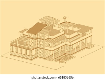 Author's architectural Villa project on the Mediterranean coast in Turkey.With terraces, pool and garden on the roof,3d, perspective, blueprint. Vector.