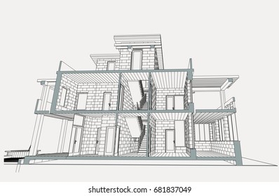 Author's architectural Villa project on the Mediterranean coast in Turkey.With terraces, pool and garden on the roof,3d, perspective, section, blueprint. Vector.