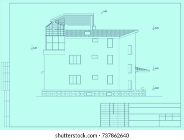 Author's architectural Villa project on the Mediterranean coast in Turkey, plan, blueprint. Vector.