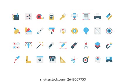 Authors creative tools for creation process of digital multimedia content, stationery color icon set. Brush and paints, scissors and ruler, video and sound editor, vision flat vector illustration