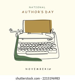 Cartel de arte de la línea del día de los autores y vector de diseño de pancartas. Arte de línea continua de libros con tinta y estilo vintage de máquina de escribir. Celebración de noviembre. Amante de los libros. El día de los escritores, editores y autores. Postal