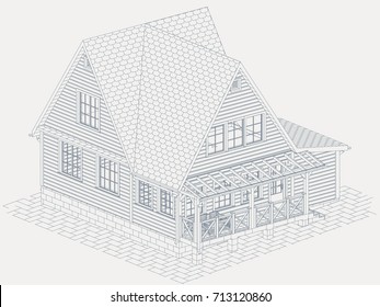 Author's design of residential frame house with a terrace. Blueprint, 3d, perspective, realistic. Vector.