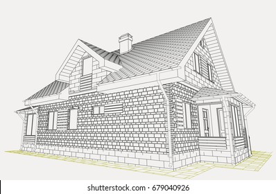 Author's design of residential house, blueprint, perspective view. 3d, cad plan, realistic. Vector