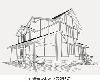 Author's design of residential house of brick and half-timbered frames with carport. Blueprint, 3d, perspective, realistic. Vector.