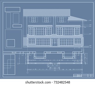 Author's design of residential house of brick with a glass extension . 3d, the plan and elevation. Blueprint. Vector.