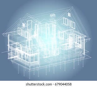 Author's design of residential house, foundation piles, blueprint, perspective view. 3d, plan, realistic. Vector