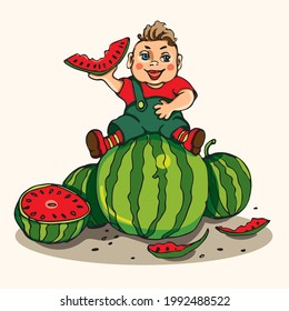 the author's drawing is made on a tablet, a cheerful kid sits on a large watermelon and eats
