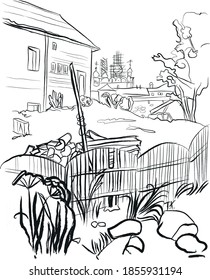 Author's drawing from nature, creative sketch of the Solovetsky village in the White Sea.