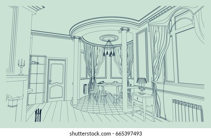 Author's interior design of the dining room in the house, built in the style of post-modern, a rotunda with columns in the Ionian style. Vector