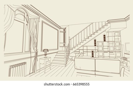 Author's interior design of the in the house, built in the style of post-modern, hall. Vector