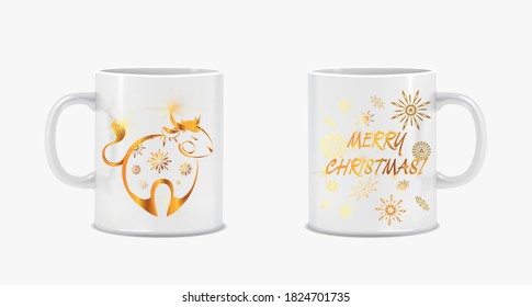Author's mug as a gift. Decorative New Year's golden bull. Gold text Merry Christmas and snowflakes.