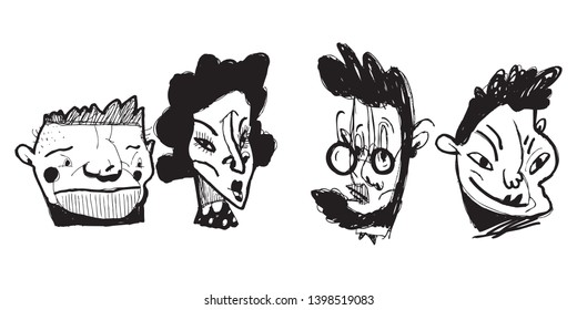 Author's portraits of different people. Black and white graphic illustration, well suited for packaging design, souvenirs, T-shirt prints or posters on the wall.