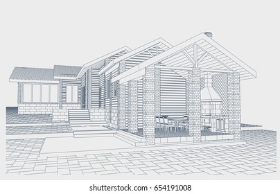 The author's project baths with a pool and barbecue facilities, realistic, outlook, 3d, blueprint. Vector