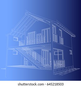 The author's project- blueprint of architectural design of half-timbered residential house with the terrace, the section of the facade. Vector.
