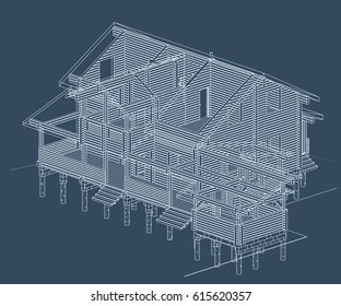 The author's project. blueprint of a wooden house from glued profiled beam with the transparent roof. Vector.