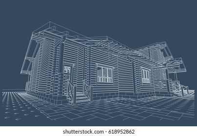 The author's project. blueprint of a wooden house from glued profiled beam with the rafters on the roof. Vector.