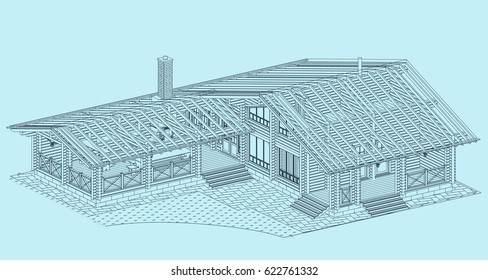 The author's project. blueprint of a wooden house from glued profiled beam with the rafters on the roof. Vector.