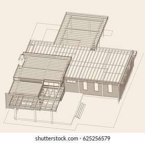 The author's project. blueprint of a wooden house from glued profiled beam with the rafters on the roof. Vector.