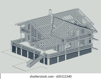 The Author's Project. Blueprint Of A Wooden House From Glued Profiled Beam With The Rafters On The Roof And A Large Terrace. Vector.
