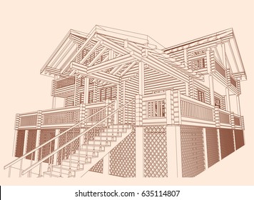 The author's project. blueprint of a wooden house from glued profiled beam with the rafters on the roof and a large terrace. Vector.