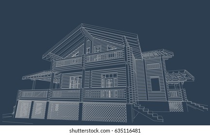 The author's project. blueprint of a wooden house from glued profiled beam with the rafters on the roof and a large terrace. Vector.