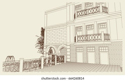 The author's project of a country house with a fountain, 3D blueprint perspective view. Vector