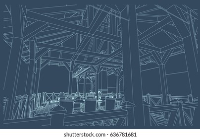 The author's project gazebo-barbecue from glued beams on the sea shore and the yacht in the distance the sea, blueprint. Vector.
