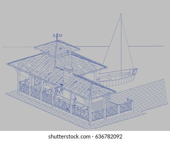 The author's project gazebo-barbecue from glued beams on the sea shore and the yacht in the distance the sea, blueprint. Vector.