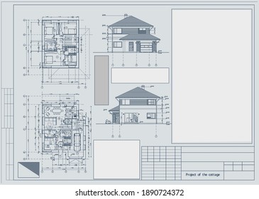 Author's project of an individual residential two-story house with a garage, covered entrance porch and a one-story extension. Blueprint, plan and facades. Vector.
