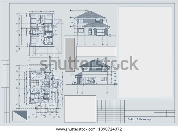 Author\'s project of an individual\
residential two-story house with a garage, covered entrance porch\
and a one-story extension. Blueprint, plan and facades.\
Vector.
