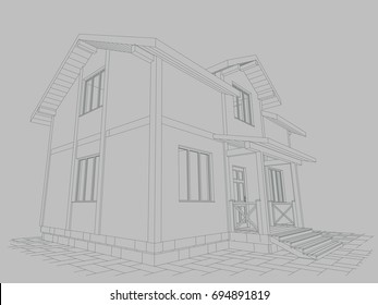 The author's project of a private house from foam blocks, the foundation on screw piles. Vector