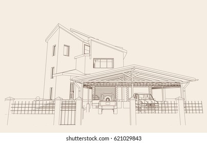 The author's project of a residential building with a glass tower and a carport. Vector.